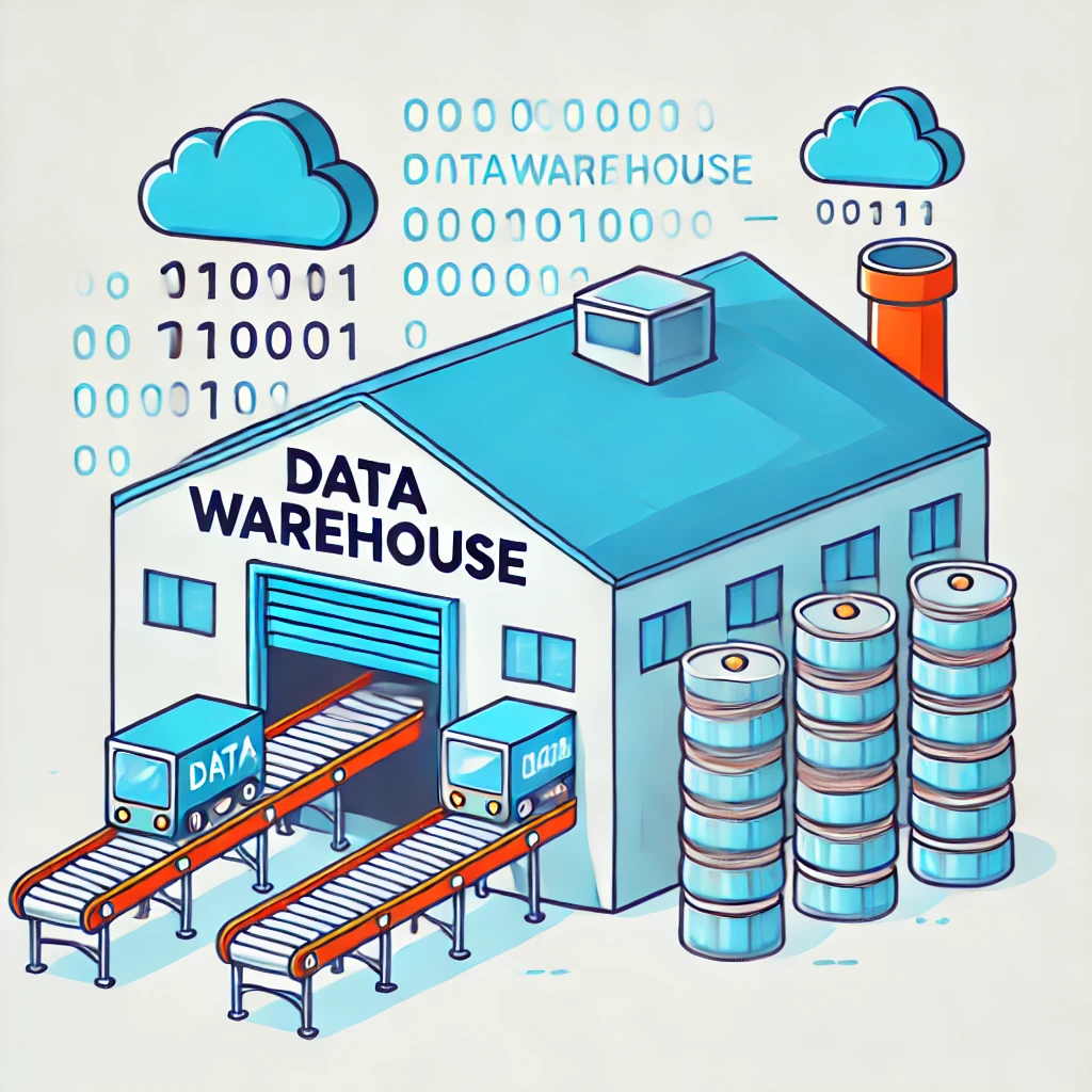 Piirretty kuva tietovarastosta jossa on kaksi liukuhihnaa ja dataa menossa talon sisälle. Generoitu DALL-E työkalulla.
